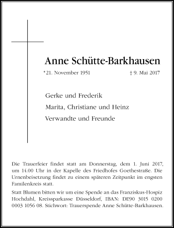 Traueranzeige von Anne Schütte-Barkhausen von Rheinische Post