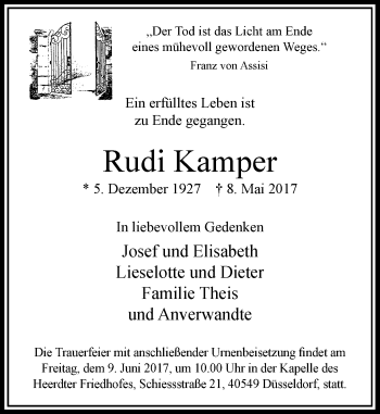 Traueranzeige von Rudi Kamper von Rheinische Post