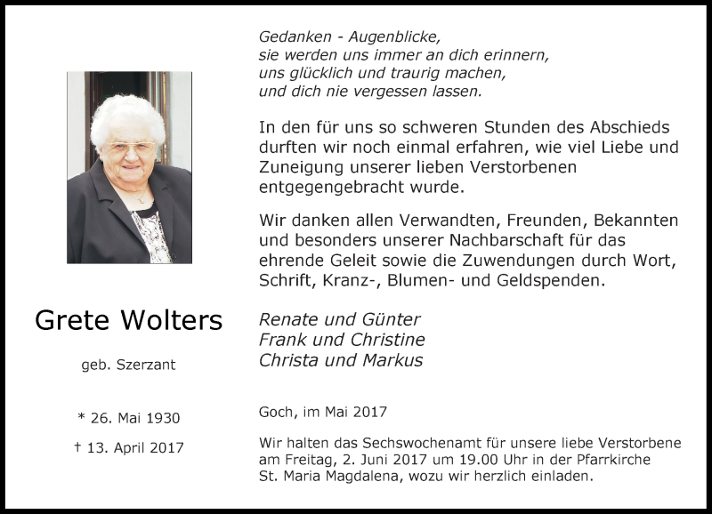 Alle Traueranzeigen für Grete Wolters trauer rp online de