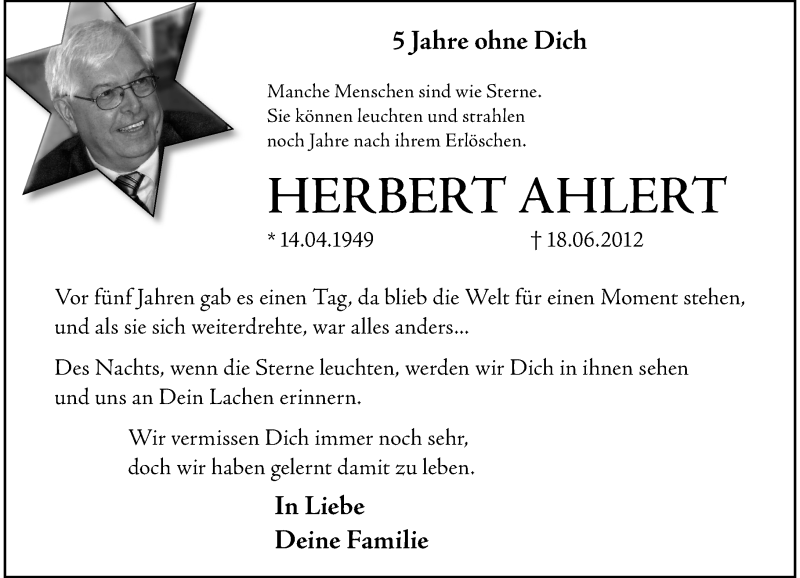  Traueranzeige für Herbert Ahlert vom 17.06.2017 aus Rheinische Post
