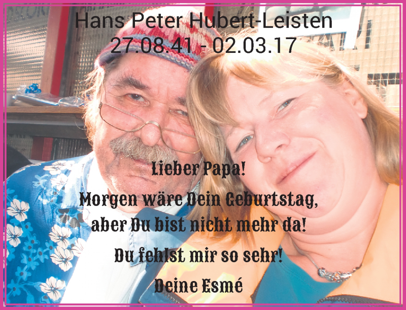  Traueranzeige für Hans Peter Hubert-Leisten vom 26.08.2017 aus Rheinische Post