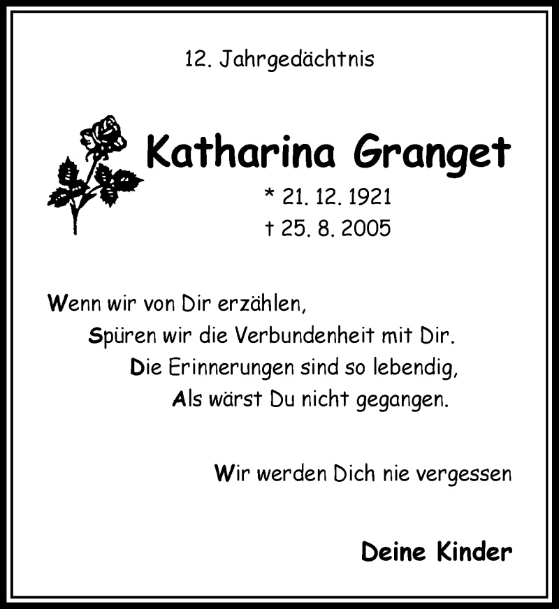  Traueranzeige für Katharina Granget vom 25.08.2017 aus Rheinische Post