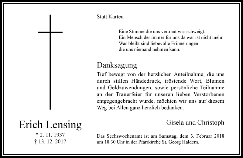 Alle Traueranzeigen für Erich Lensing trauer rp online de