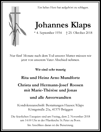 Alle Traueranzeigen F R Johannes Klaps Trauer Rp Online De