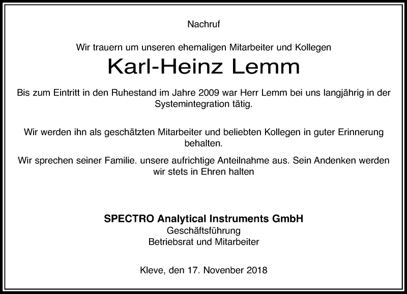 Alle Traueranzeigen für Karl Heinz Lemm trauer rp online de