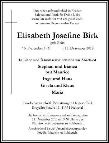 Alle Traueranzeigen F R Elisabeth Josefine Birk Trauer Rp Online De