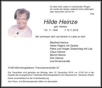 Alle Traueranzeigen für Hilde Heinze trauer rp online de