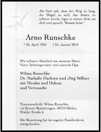 Alle Traueranzeigen F R Arno Runschke Trauer Rp Online De