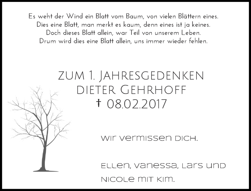  Traueranzeige für Dieter Gehrhoff vom 10.02.2018 aus Rheinische Post