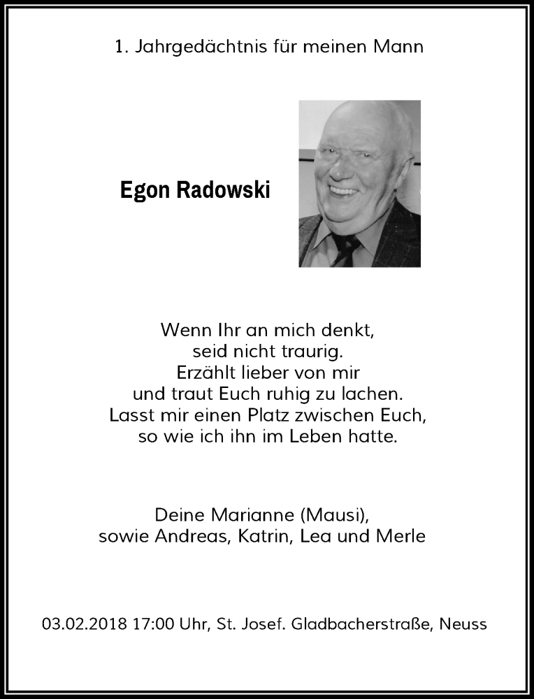  Traueranzeige für Egon Radowski vom 03.02.2018 aus Rheinische Post