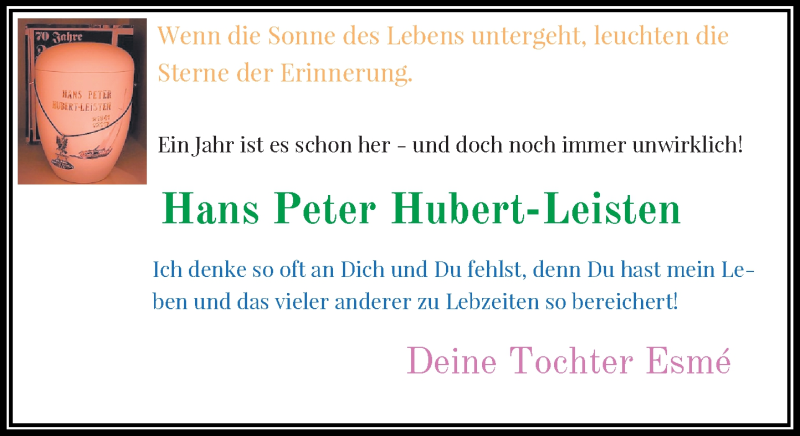 Traueranzeige für Hans Peter Hubert-Leisten vom 02.03.2018 aus Rheinische Post