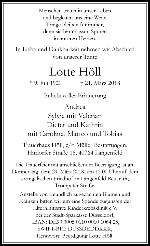 Alle Traueranzeigen F R Lotte H Ll Trauer Rp Online De