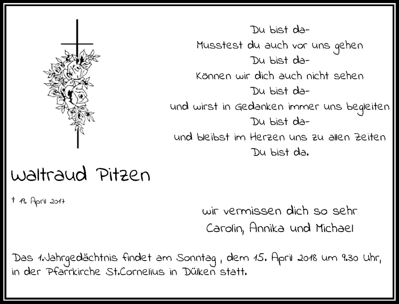  Traueranzeige für Waltraud Pitzen vom 07.04.2018 aus Rheinische Post