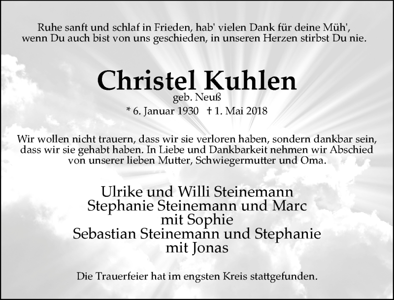 Alle Traueranzeigen für Christel Kuhlen trauer rp online de