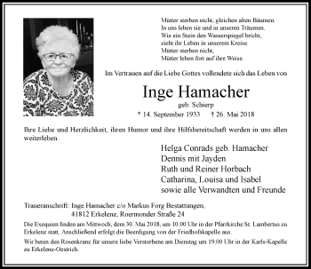 Alle Traueranzeigen F R Inge Hamacher Trauer Rp Online De