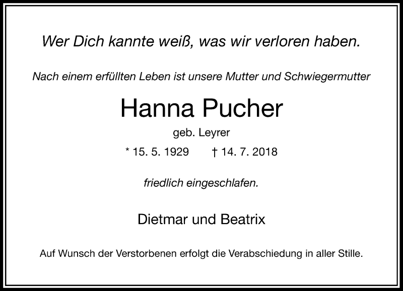 Alle Traueranzeigen F R Hanna Pucher Trauer Rp Online De