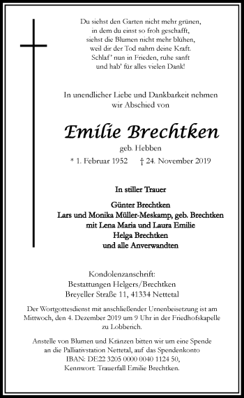 Alle Traueranzeigen F R Emilie Brechtken Trauer Rp Online De