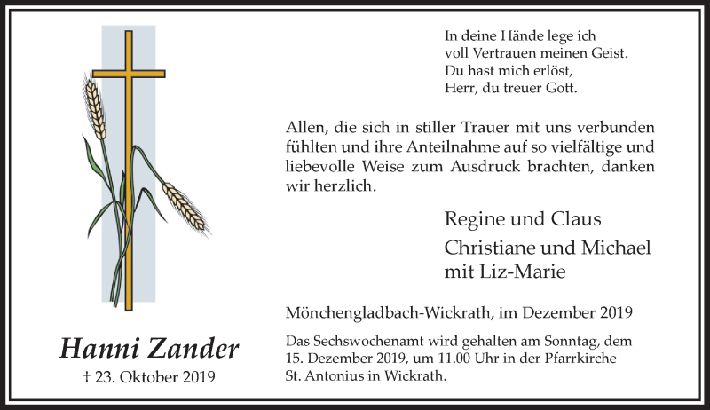 Alle Traueranzeigen F R Hanni Zander Trauer Rp Online De