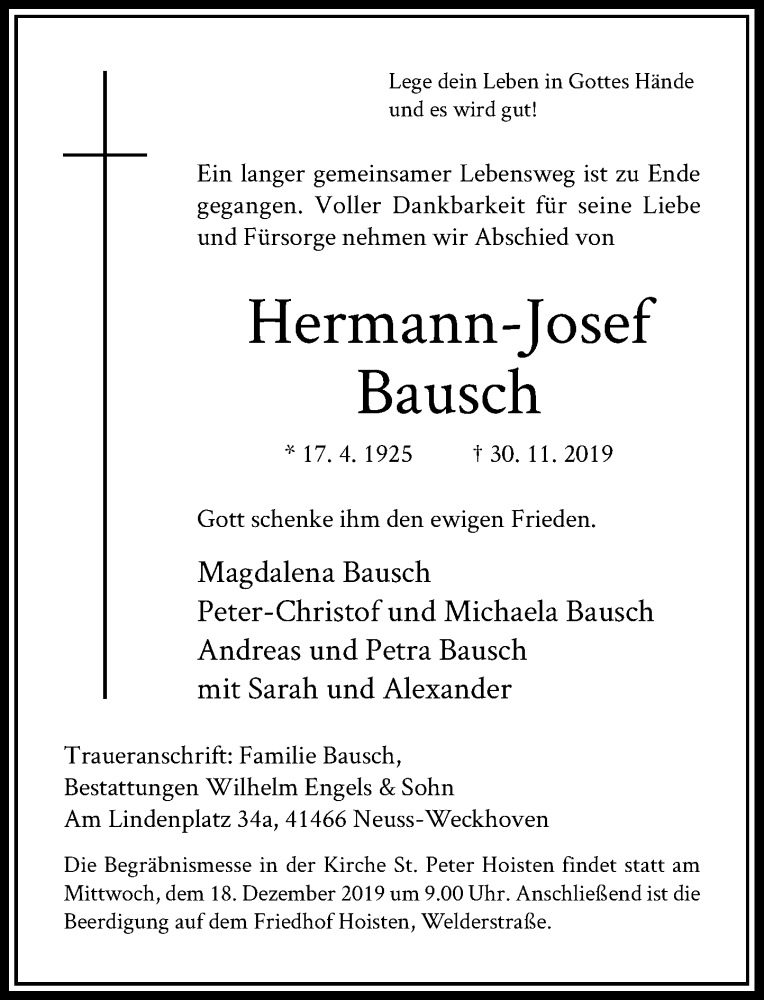 Alle Traueranzeigen für Hermann Josef Bausch trauer rp online de