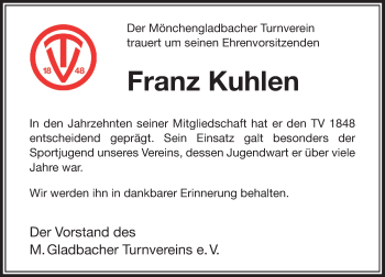 Alle Traueranzeigen F R Franz Kuhlen Trauer Rp Online De