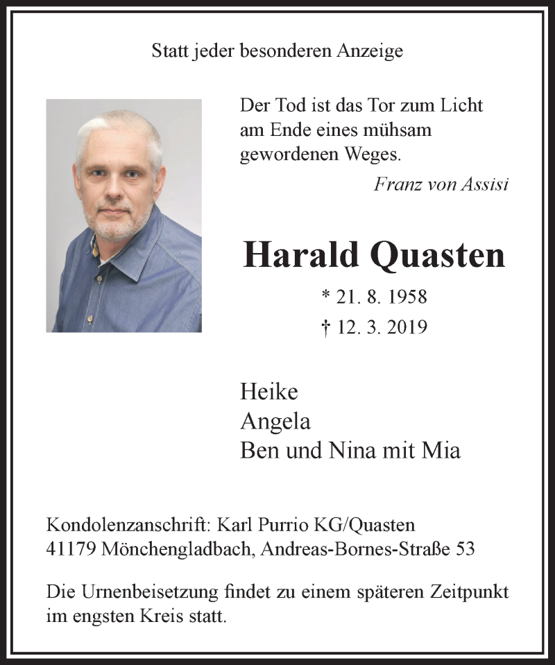 Alle Traueranzeigen für Harald Quasten trauer rp online de