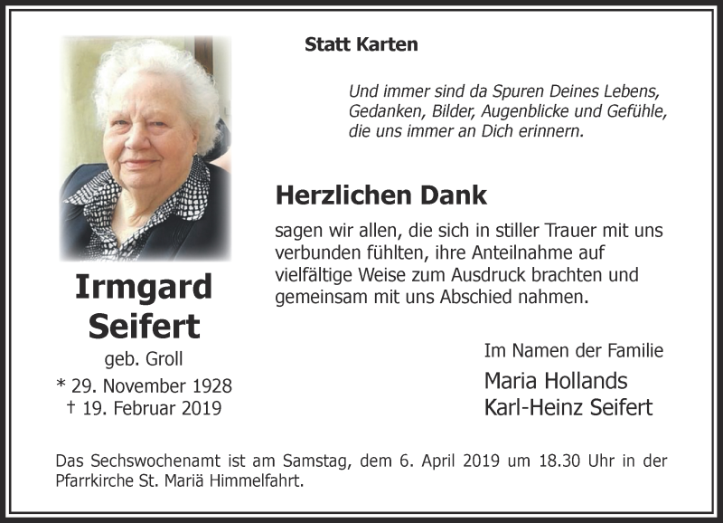 Alle Traueranzeigen für Irmgard Seifert trauer rp online de