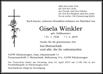 Alle Traueranzeigen F R Gisela Winkler Trauer Rp Online De