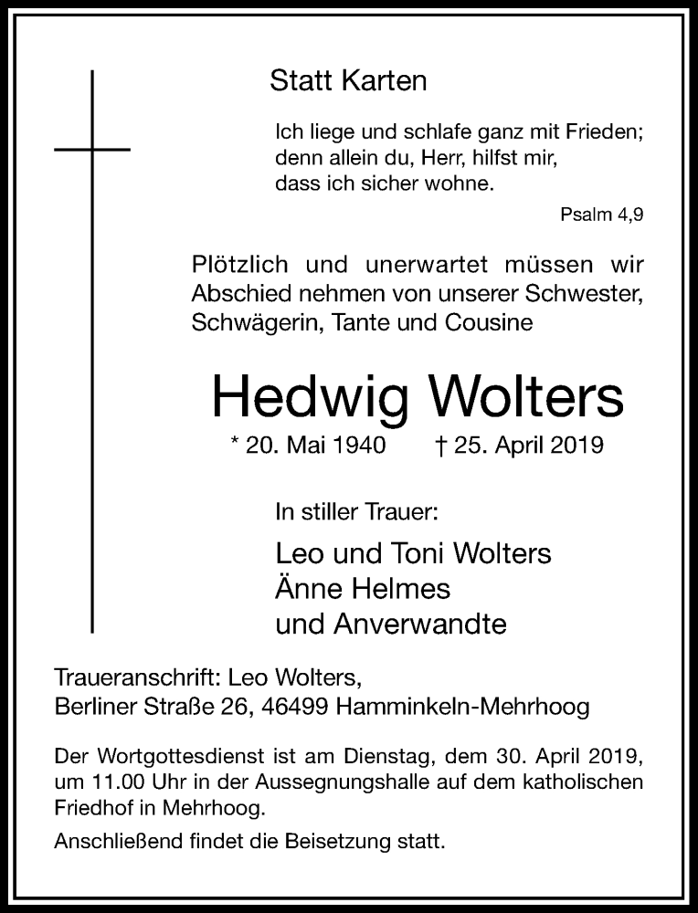 Alle Traueranzeigen F R Hedwig Wolters Trauer Rp Online De