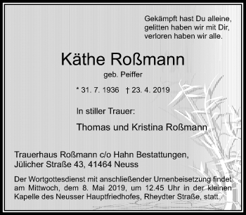 Alle Traueranzeigen für Käthe Roßmann trauer rp online de