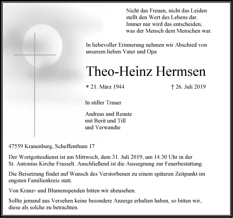 Alle Traueranzeigen für Theo Heinz Hermsen trauer rp online de