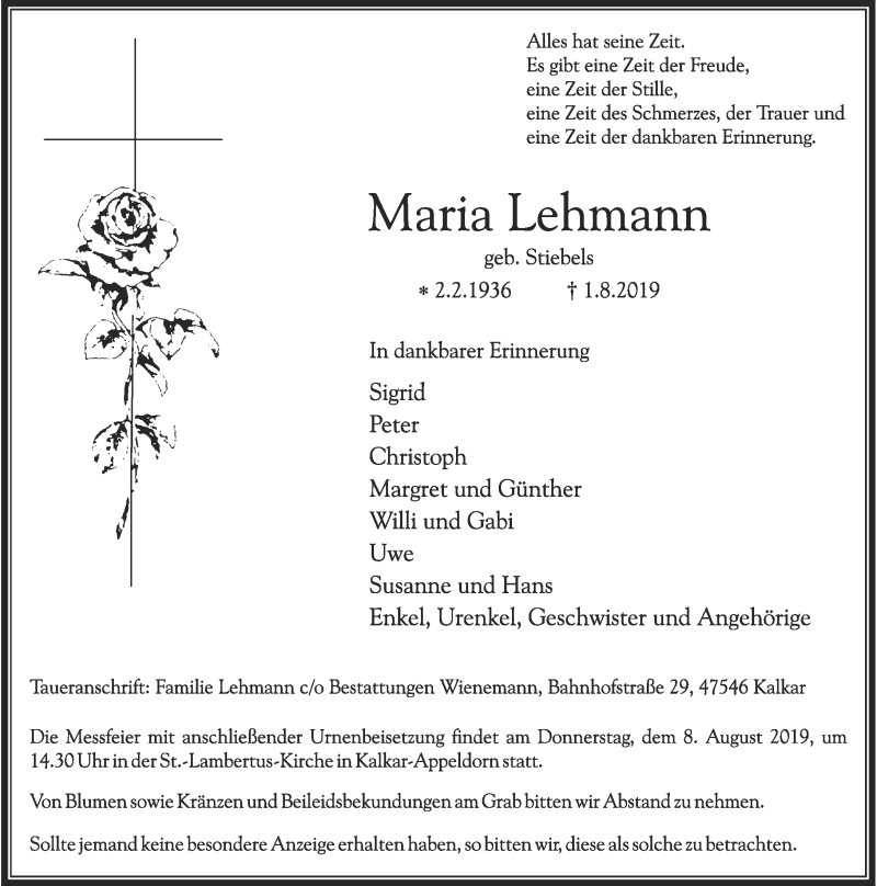 Alle Traueranzeigen für Maria Lehmann trauer rp online de