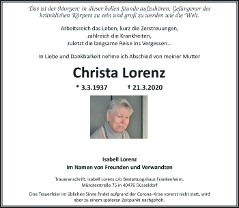 Alle Traueranzeigen für Christa Lorenz trauer rp online de