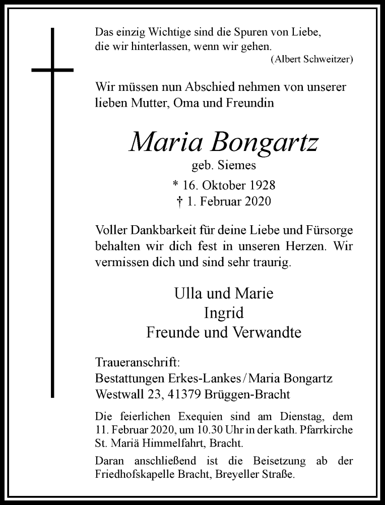 Alle Traueranzeigen F R Maria Bongartz Trauer Rp Online De