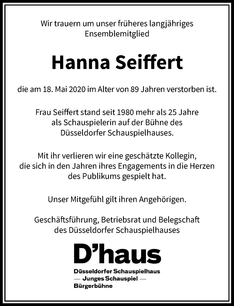 Alle Traueranzeigen F R Hanna Seiffert Trauer Rp Online De