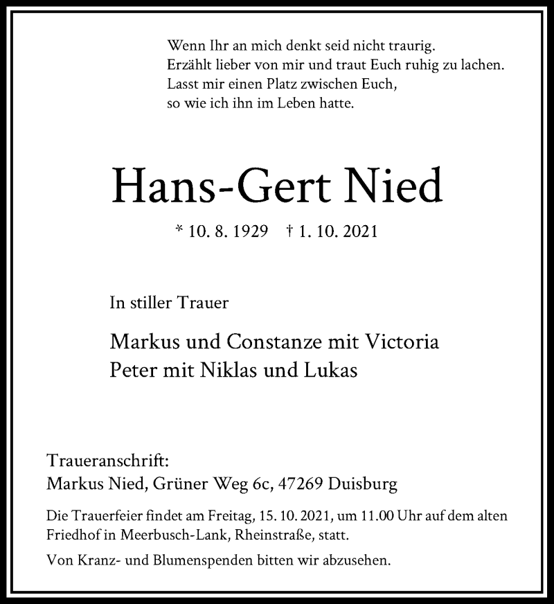 Alle Traueranzeigen für Hans Gert Nied trauer rp online de