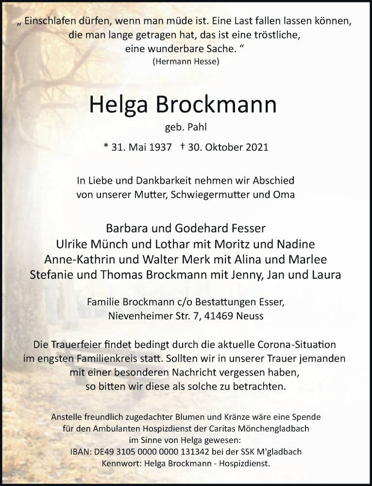 Alle Traueranzeigen für Helga Brockmann trauer rp online de