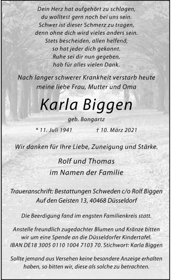 Alle Traueranzeigen F R Karla Biggen Trauer Rp Online De