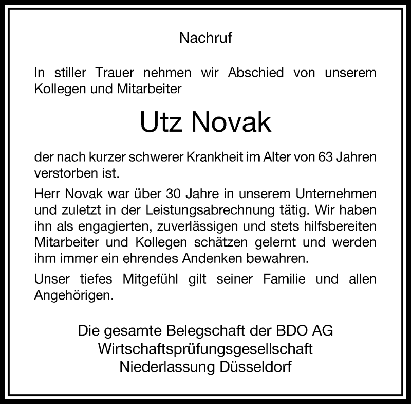 Alle Traueranzeigen für Utz Novak trauer rp online de