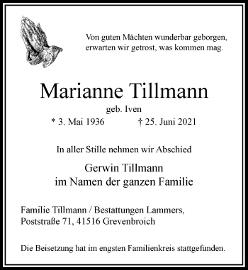 Alle Traueranzeigen F R Marianne Tillmann Trauer Rp Online De