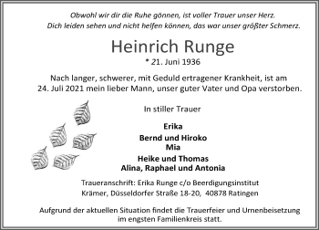 Alle Traueranzeigen F R Heinrich Runge Trauer Rp Online De