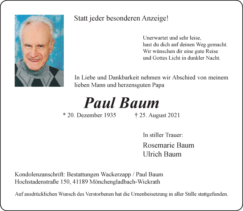 Alle Traueranzeigen für Paul Baum trauer rp online de