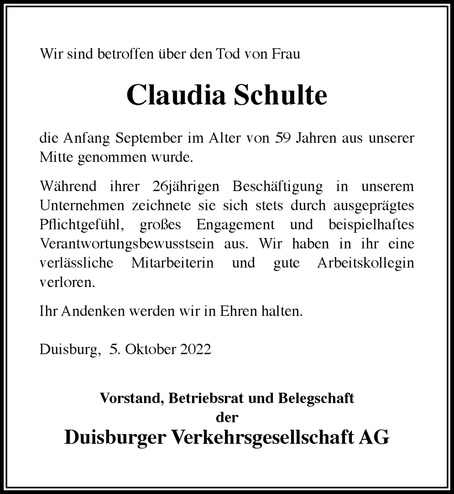 Alle Traueranzeigen F R Claudia Schulte Trauer Rp Online De