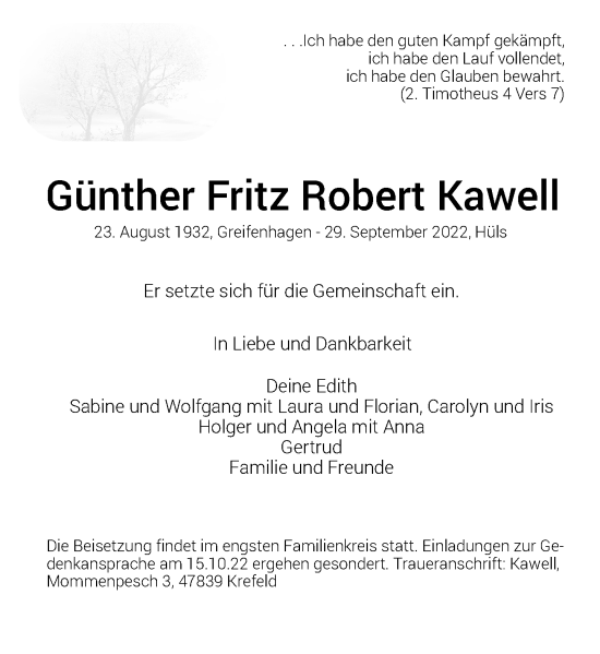 Alle Traueranzeigen für Günther Fritz Robert Kawell trauer rp online de