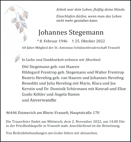 Alle Traueranzeigen F R Johannes Stegemann Trauer Rp Online De