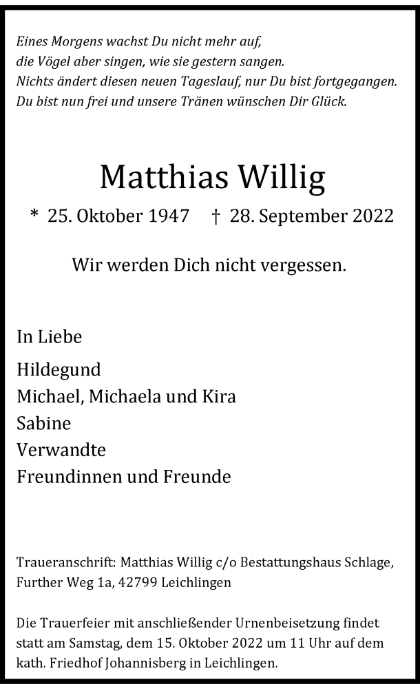 Alle Traueranzeigen für Matthias Willig trauer rp online de