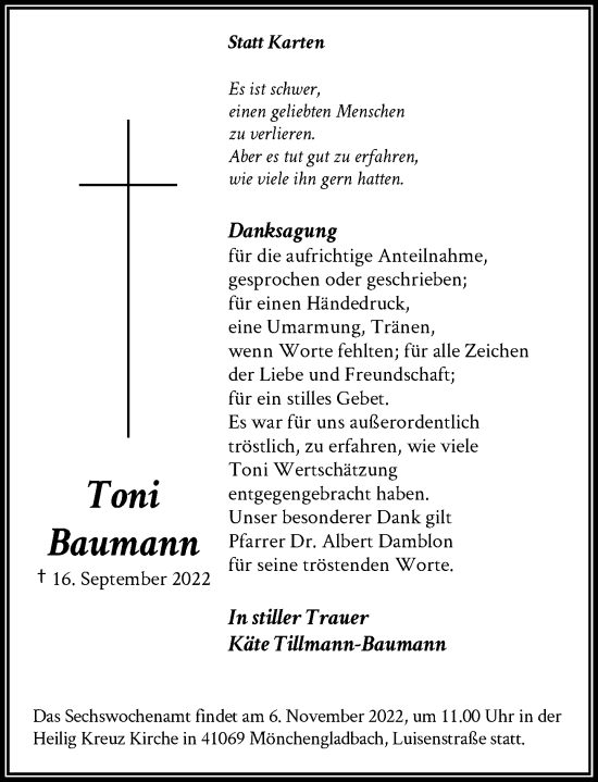 Alle Traueranzeigen F R Toni Baumann Trauer Rp Online De