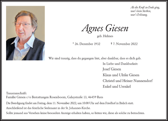 Alle Traueranzeigen für Agnes Giesen trauer rp online de