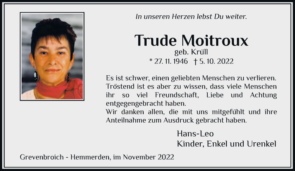 Alle Traueranzeigen für Trude Moitroux trauer rp online de