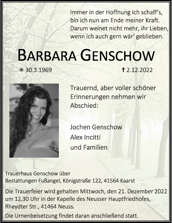 Alle Traueranzeigen für Barbara Genschow trauer rp online de