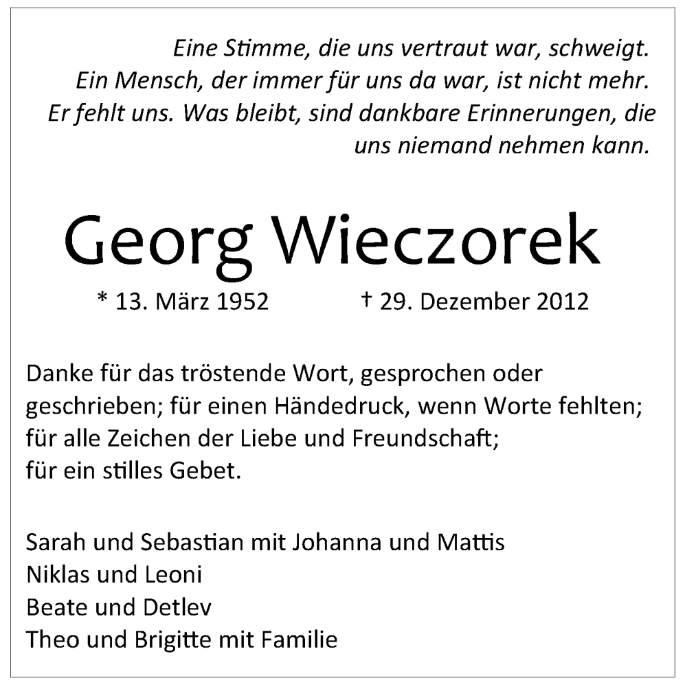 Alle Traueranzeigen für Georg Wieczorek trauer rp online de